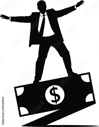 Businessman balancing on dollar bill symbolizing financial risk investment challenge and economic instability vector illustration