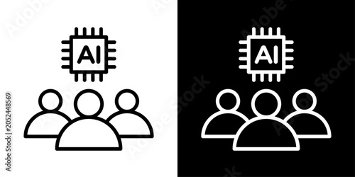 AI community icon in outline style featuring user group and artificial intelligence elements representing online communities, social engagement, collaboration, and smart networking platforms.