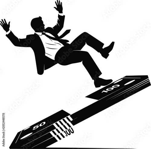 Falling businessman on broken money bridge symbolizing financial crisis bankruptcy risk and economic failure vector illustration