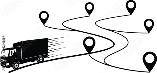 Delivery truck route map with location pins symbolizing logistics transportation tracking and shipping service vector illustration