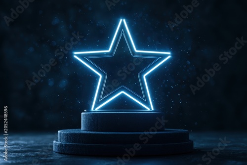 Glowing blue neon star on a stone pedestal in a dark cinematic space with sharp focus for awards ceremony and entertainment branding