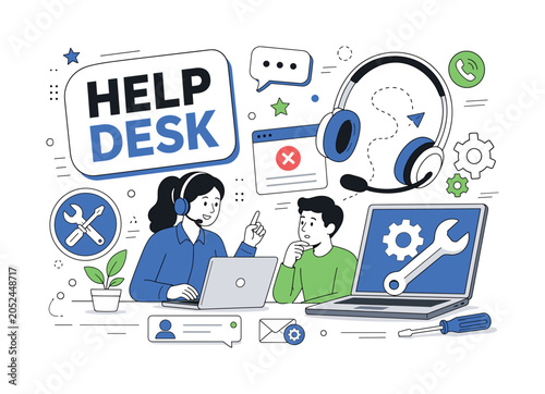 Tech Support Service. Editorial banner with a call center agent helping a user beside an oversized headset and repair laptop, with chat bubble, wrench, hotline phone, error window, and gear details