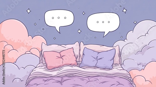 Cozy Bed Surrounded by Soft Clouds and Thought Bubbles in Pastel Tones