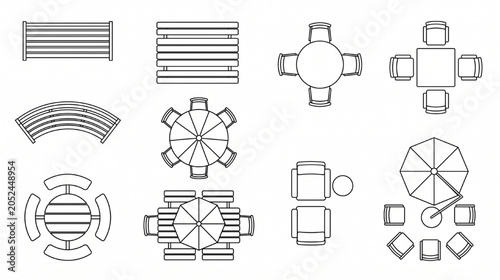 Architectural Outdoor Furniture CAD Block Sheet Top View Seating Symbols Vector Collection