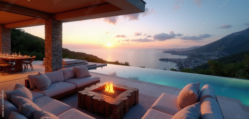 Obraz premium Luxury villa patio with infinity pool and ocean view at sunset. Comfortable seating area features outdoor fireplace and dining table. Perfect for relaxation, parties, and romantic evenings.