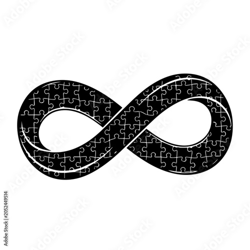 A puzzle infinity symbol made of jigsaw pieces on white