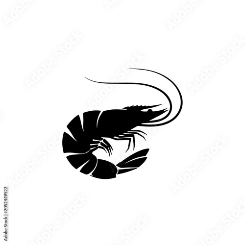 A black shrimp illustration curls on white background with antennae