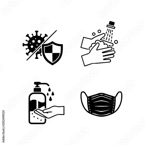 Protective icons depict shield against germs with hand sanitizer and face mask