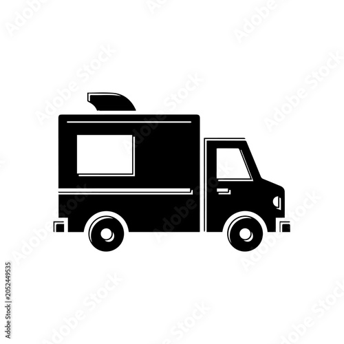 A black silhouette illustration of a food truck on the road