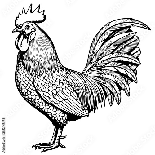 A detailed illustration of a rooster standing proudly on ground with feathers spread