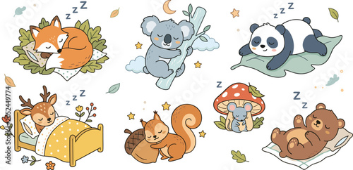 Photography Cute sleeping wild animals set with fox koala panda deer squirrel mouse and bear illustration