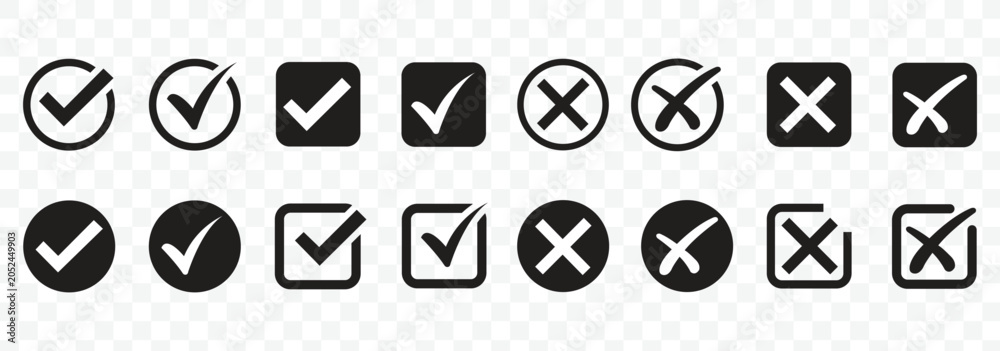 Fototapeta premium Green check mark and red cross icon set, circle and square. Tick symbol in green color. Hand drawn checkmark illustration. set button correct right wrong buttons or yes or no checkmark