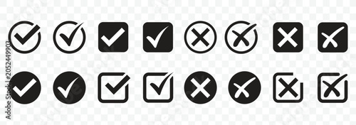 Foto Green check mark and red cross icon set, circle and square