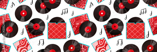 Photography Hand drawn musical seamless background with retro vinyl records and black notes