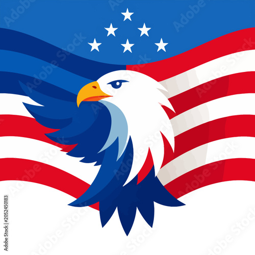 American eagle profile with a waving United States flag.