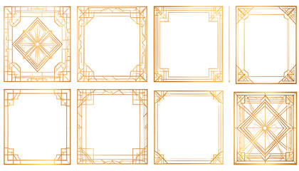 Set of eight ornate golden art deco frames and borders with geometric patterns, perfect for invitations or elegant design