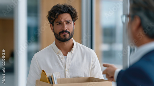 Worried employee holds a box of belongings during a difficult termination conversation with a manager in an office.