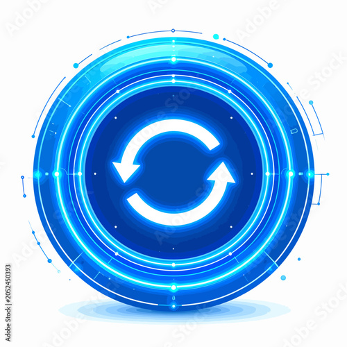 Glowing blue sync icon within circular digital rings.