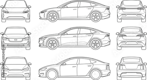 Foto Set of electric car blueprints, front, side and rear views of modern sedan vehic