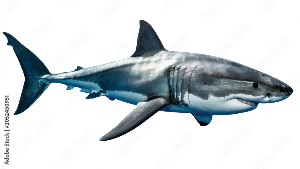 Fototapeta premium Great White Shark swimming, showing gills and fins