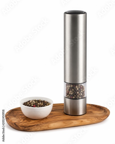 Pepper Mill And Bowl Still Life Isolated On White Background Studio Product Photo