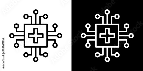 AI medical icon in outline style featuring healthcare cross and microchip elements representing artificial intelligence, digital healthcare, medical diagnostics, and smart healthcare solutions.