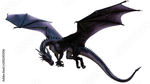 Photography Black dragon with large wings spread, fantasy creature