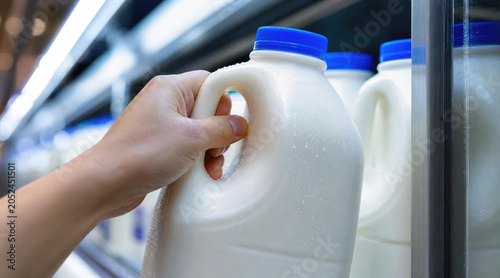Customer Hand Picking Milk Jug from Supermarket Shelf
