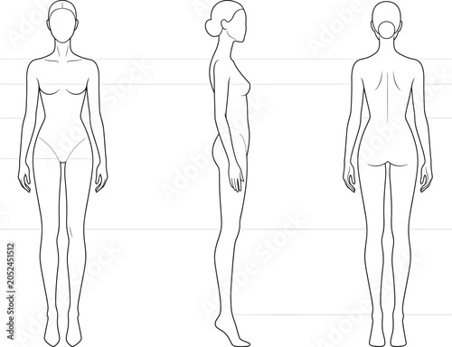 Bild auf Leinwand Fashion figure template of a woman standing in front, side and back view, isolat