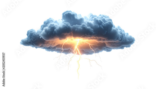 Realistic 3D lightning bolt with rain cloud, isolated on transparent background, weather concept