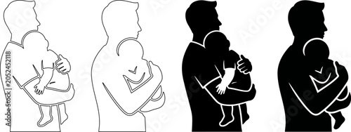 Father holding newborn baby silhouette, happy parenting and paternal bond vector illustration
