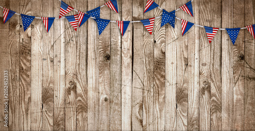Vintage interior in wild west style in USA flag colors and old grunge wooden wall background, 4th of july Independence Day theme, retro festive concept for 250th anniversary holiday.