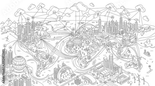 Foto Global Network Cityscape: Connected World with Cloud Technology and Infrastructu