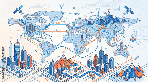 Fotografija Global Technology Network: World Map Connected by Digital Lines, Satellites, and