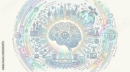 Bild auf Leinwand Digital Brain Network Concept: AI, Technology, Smart City, Global Connection, In