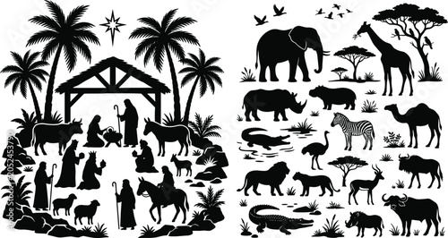 Foto Vector illustration of nativity scene and African wildlife silhouettes represent