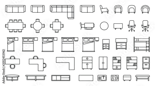 Minimalist furniture floor plan icons, 42 architectural interior design symbols, thin line vector set for house layout and home planning