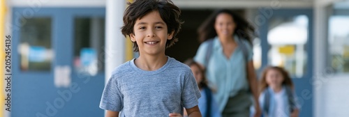Young boy running from school with teacher and children in background for back to school poster and educational banner design