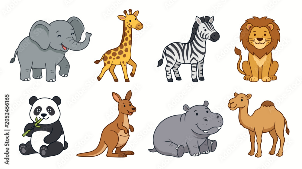 Fototapeta premium A collection of cute cartoon wild animals including an elephant, giraffe, zebra, lion, panda, kangaroo, hippo, and camel on a white background.