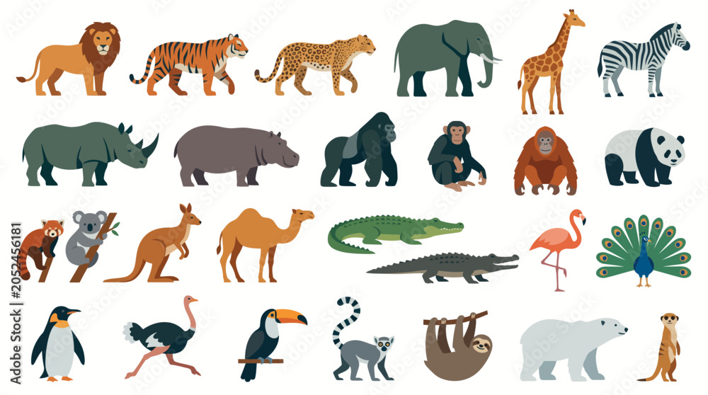 Obraz premium A comprehensive collection of diverse wild animals from various continents and habitats, depicted in a flat vector style.