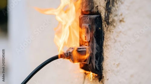 Electrical outlet catching fire with  burning power cord plug attached to  wall socket