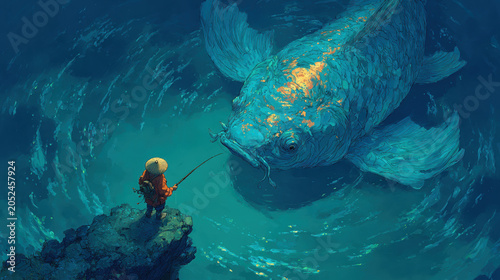 Lone fisherman standing on rock watching giant glowing fish swimming in blue water