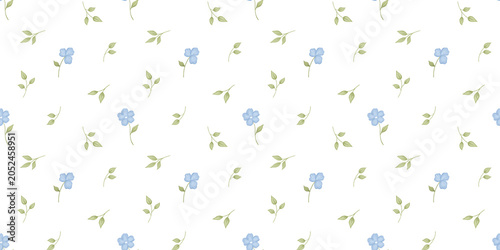 Watercolor seamless floral pattern with delicate blue blossoms on white background. Hand painted tiny flower print for fabric, wallpaper, wrapping paper, and spring decor