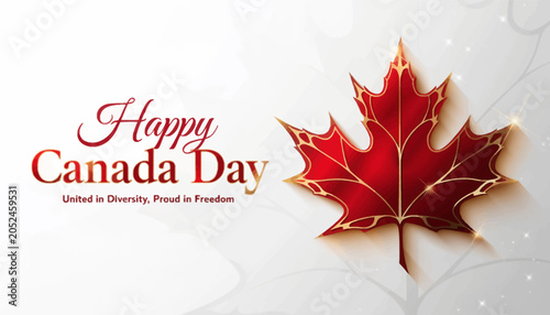 Happy canada day celebration with red maple leaf on gray background