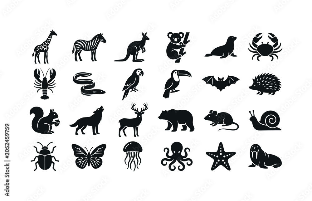Fototapeta premium Nature Creature Set. Solid glyph icon set of land sea and air animals: giraffe, zebra, kangaroo, koala, seal, crab, lobster, eel, parrot, toucan, bat, hedgehog, squirrel, wolf, deer, bear, mouse,