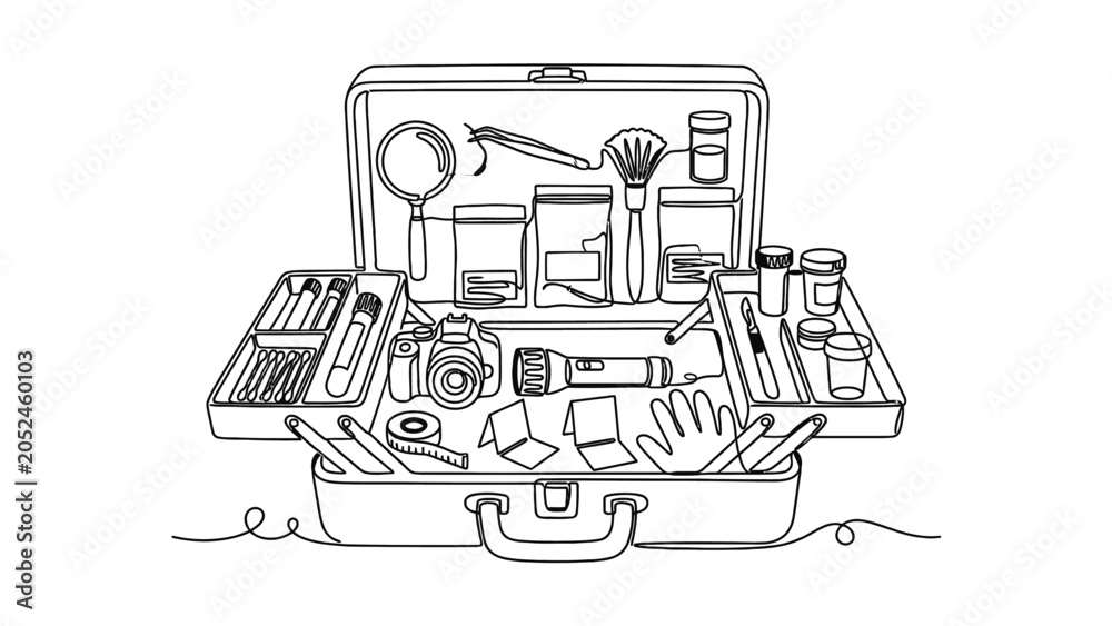 Obraz premium Forensic Kit Open Briefcase with Evidence Collection Tools and Camera