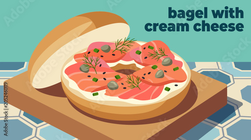 Фотография bagel with cream cheese american breakfast specialty smoked salmon fresh herbs c