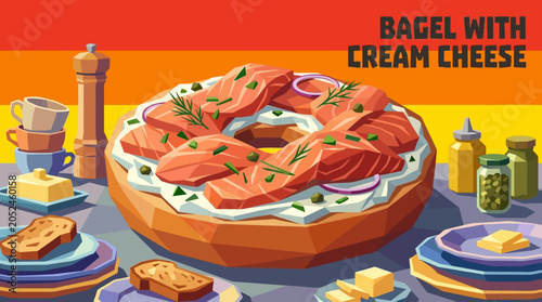 Фотография bagel with cream cheese american breakfast specialty smoked salmon fresh herbs c