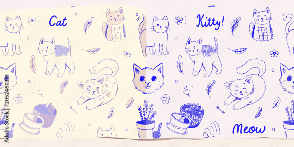 Fototapeta premium Cat doodles and floral ornaments hand drawn blue sketch pattern