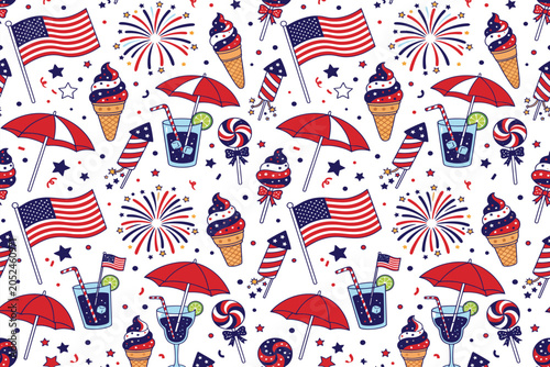 Patriotic fourth of july seamless pattern with american flags and summer treats